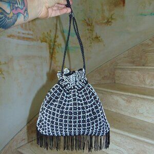 Vintage 1960’s Plastic Beaded Drawstring Handbag Purse Black White Fringe Boho